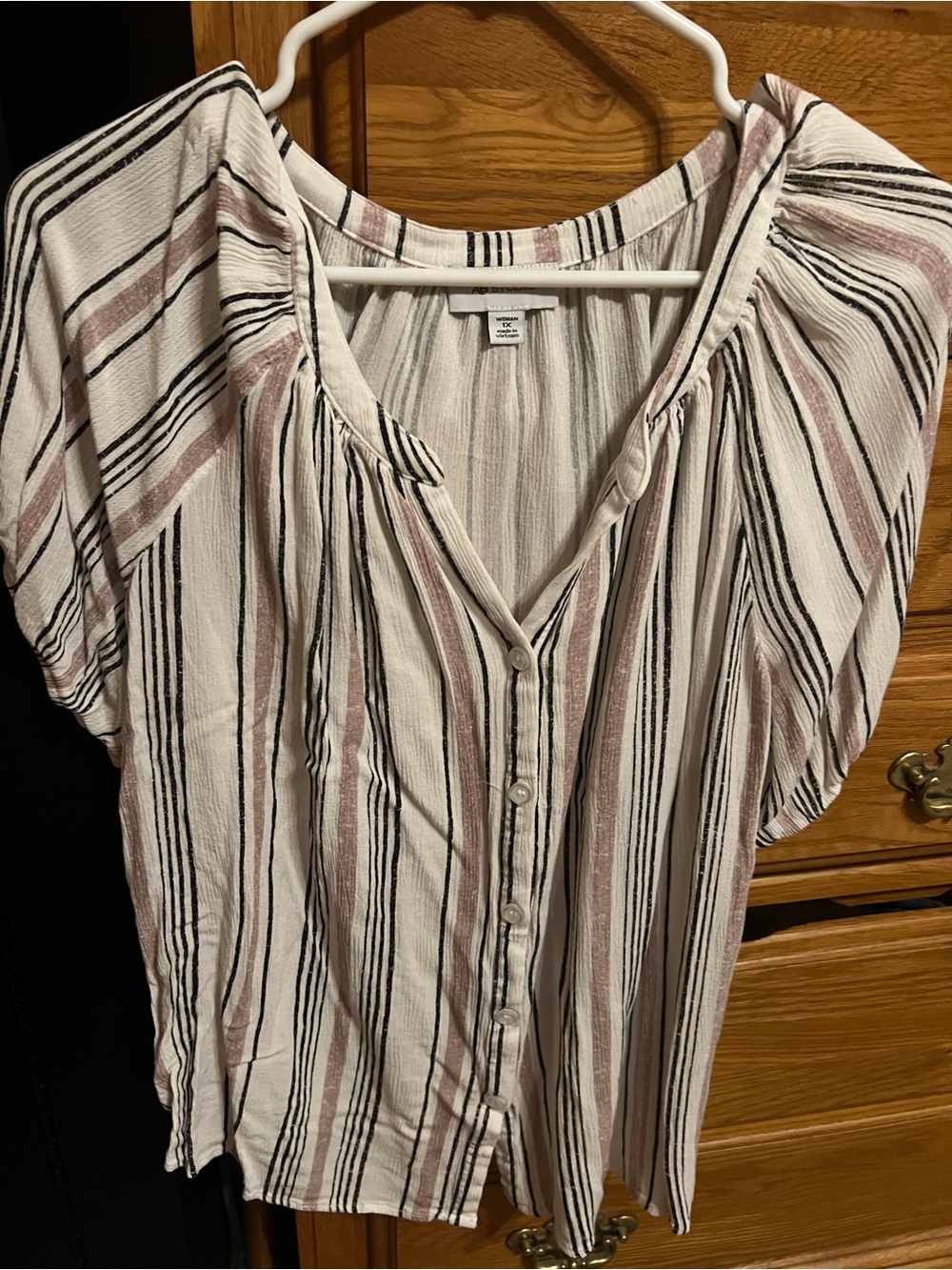 AB Studio Striped Button-Front Top in White, Mauve and Black
